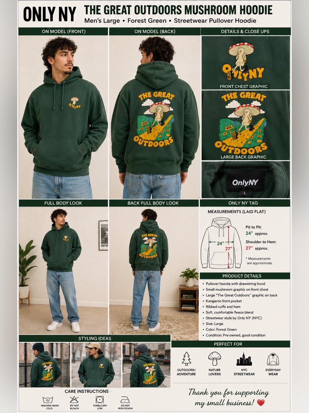 Only NY The Great Outdoors Mushroom Graphic Hoodie Green Men’s Large Streetwear
